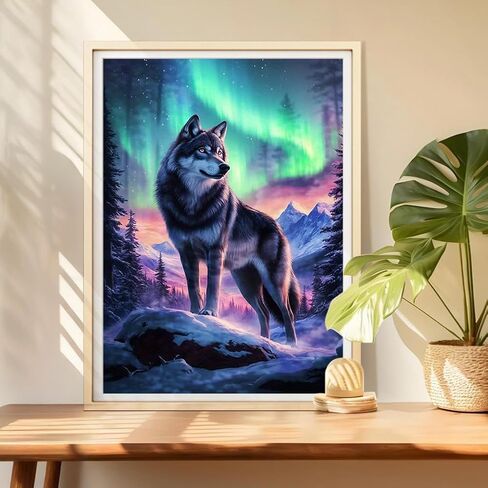 DIADAY Wolf Diamond Painting Kits for Adults, Northern Lights Wolf Diamond Art Kits for Adults, 5D DIY Full Drill Round Gem Diamond Dot Crafts Home Wall Decor Gift 12 x 16 Inches in Kuwait