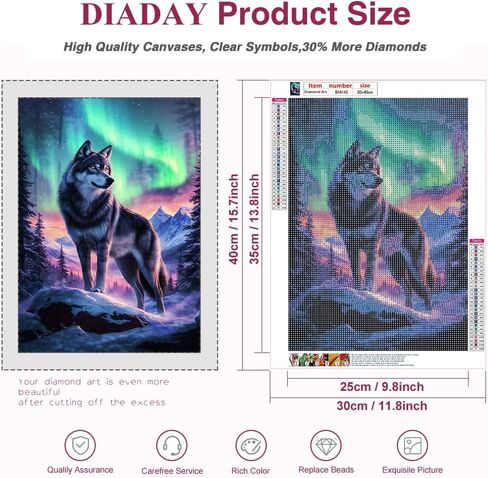 DIADAY Wolf Diamond Painting Kits for Adults, Northern Lights Wolf Diamond Art Kits for Adults, 5D DIY Full Drill Round Gem Diamond Dot Crafts Home Wall Decor Gift 12 x 16 Inches in Kuwait