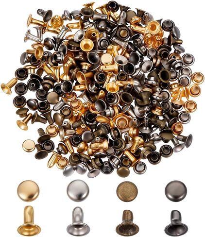 freebloss 400pcs البسيطة برشام ترصيع الجلود المسامير النحاس قبعات مزدوجه الجلود الحرفية برشام أنبوبي المعادن ترصيع لملابس الدمي الخياطة محفظه صنع الملابس الحرف 4 ألوان معدنيه 4mm/0.16'' in Kuwait