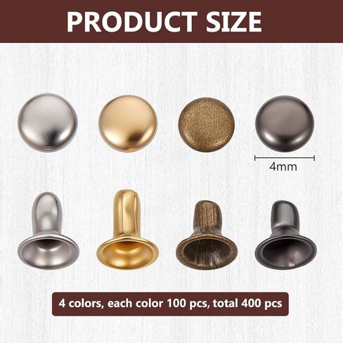 freebloss 400pcs البسيطة برشام ترصيع الجلود المسامير النحاس قبعات مزدوجه الجلود الحرفية برشام أنبوبي المعادن ترصيع لملابس الدمي الخياطة محفظه صنع الملابس الحرف 4 ألوان معدنيه 4mm/0.16'' in Kuwait