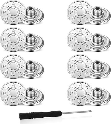Amaxiu Jeans Buttons Replacement, 8 PCS Instant No Sew Buttons for Pants Removable Metal Silver Pant Button Tightener Adjustable Button Replacement Kit with Threads Rivets and Screwdriver (20mm) in Saudi Arabia