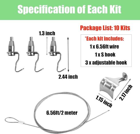 10 Set Adjustable Picture Hanging Wire Kit (6.56FT Wire, S Hook and 3 Adjustable Hooks), Gallery System Picture Rail Art Hanging Kit Exhibition Art Gallery Frame Display(Frame NOT Included) in Saudi Arabia