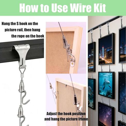 10 Set Adjustable Picture Hanging Wire Kit (6.56FT Wire, S Hook and 3 Adjustable Hooks), Gallery System Picture Rail Art Hanging Kit Exhibition Art Gallery Frame Display(Frame NOT Included) in Saudi Arabia