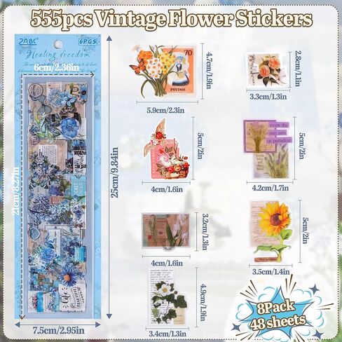 555Pcs 48Sheets Flower Stickers for Scrapbooking Transparent Die Cut Vintage Floral Plant Sticker Self Adhesive for Journal DIY Crafts Waterproof Stickers Decal for Planner Water Bottle Notebook Decor in Saudi Arabia