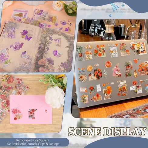 555Pcs 48Sheets Flower Stickers for Scrapbooking Transparent Die Cut Vintage Floral Plant Sticker Self Adhesive for Journal DIY Crafts Waterproof Stickers Decal for Planner Water Bottle Notebook Decor in Saudi Arabia