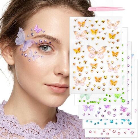 5pcs Butterfly Face Gem Stickers, 3D Glitter Rhinestones Self Adhesive Gems for Women, Colorful Face Jewels Rave Accessories for Makeup Body Scrapbook Decorations Crafting in Kuwait