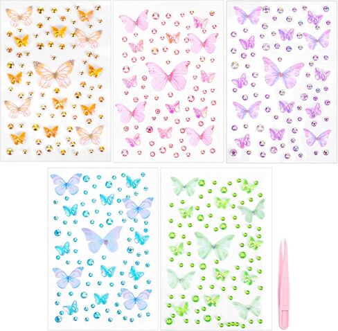 5pcs Butterfly Face Gem Stickers, 3D Glitter Rhinestones Self Adhesive Gems for Women, Colorful Face Jewels Rave Accessories for Makeup Body Scrapbook Decorations Crafting in Kuwait
