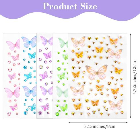 5pcs Butterfly Face Gem Stickers, 3D Glitter Rhinestones Self Adhesive Gems for Women, Colorful Face Jewels Rave Accessories for Makeup Body Scrapbook Decorations Crafting in Kuwait