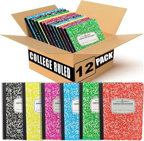 PARTH iMPEX 12 Pack Bulk Composition Notebooks College Ruled, 200 Pages (100 Sheets), 9-3/4 x 7-1/2, Hard Cover College Ruled Notebooks, Assorted Colors Composition Notebook For School Office in Kuwait