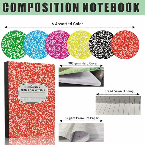 PARTH iMPEX 12 Pack Bulk Composition Notebooks College Ruled, 200 Pages (100 Sheets), 9-3/4 x 7-1/2, Hard Cover College Ruled Notebooks, Assorted Colors Composition Notebook For School Office in Kuwait