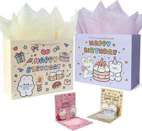 2 Pack Birthday Gift Bags for Kids with 4 Tissue Paper and 2 Cards, 13" Large Gift Bags for Boys and Girls Presents,Birthday, Party, Celebration (Pink-Blue) in Saudi Arabia