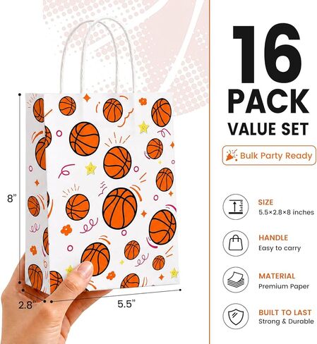 VGOODALL 16 Pack Gift Bags, 5.5" x 2.8" x 8" Basketball Party Favor Bags with Handles for Sports Theme Birthday Party Supplies in Kuwait