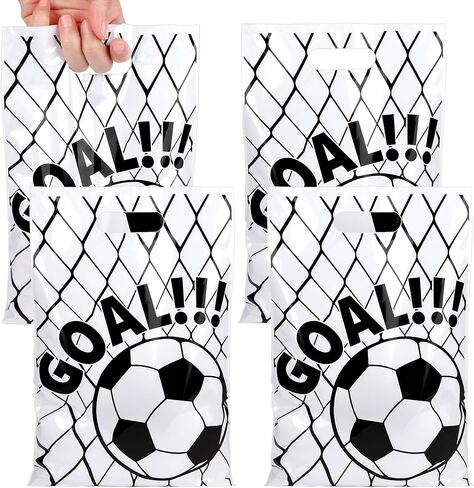 Soccer Party Favor Bags - 50 Pcs Plastic Soccer Goodie Bags with Handles, Waterproof Sports Theme Treat Bags for Kids Birthday, Soccers Team Gifts, End of Season Banquet, 6.5" x 9.8" (Black & White) in Saudi Arabia
