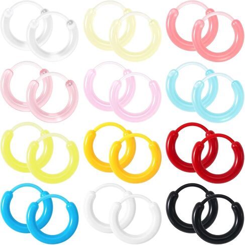 PAGOW 12 Pairs Colorful Plastic Earrings for Sensitive Ears, Resin Clear Hoop Ear Retainers with Buckle, Nose Rings for Women Men Sports - 12 Colors in Kuwait