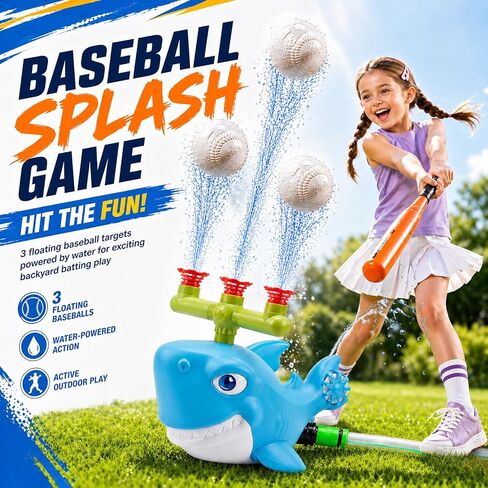 Shark Water Sprinkler Toy for Kids Ages 3-8, 4-in-1 Splash Baseball T Ball Set with Rocket Launcher, 360 Degree Sprinkler and Water Balls, Outdoor Backyard Summer Toy for Boys Girls in Saudi Arabia