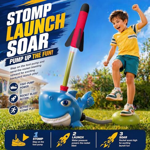 Shark Water Sprinkler Toy for Kids Ages 3-8, 4-in-1 Splash Baseball T Ball Set with Rocket Launcher, 360 Degree Sprinkler and Water Balls, Outdoor Backyard Summer Toy for Boys Girls in Saudi Arabia