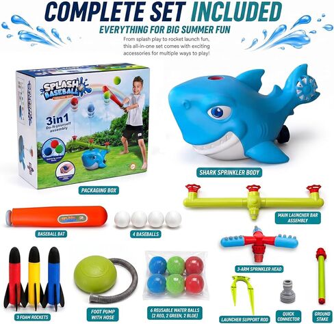 Shark Water Sprinkler Toy for Kids Ages 3-8, 4-in-1 Splash Baseball T Ball Set with Rocket Launcher, 360 Degree Sprinkler and Water Balls, Outdoor Backyard Summer Toy for Boys Girls in Saudi Arabia
