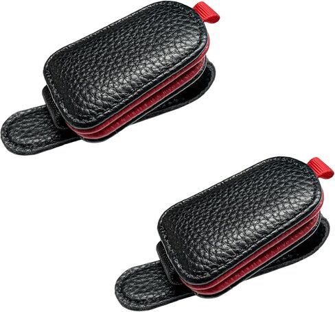 2 PCS Sunglasses Holders for Car Visor, Magnetic Leather Eyeglasses Hanger Mounter Ticket Card Clip, Auto Sun Visor Glasses Holder Business Card Organizer for Men Women (Black & Red) in Kuwait