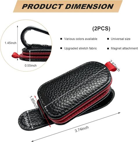 2 PCS Sunglasses Holders for Car Visor, Magnetic Leather Eyeglasses Hanger Mounter Ticket Card Clip, Auto Sun Visor Glasses Holder Business Card Organizer for Men Women (Black & Red) in Kuwait