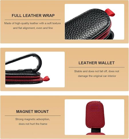 2 PCS Sunglasses Holders for Car Visor, Magnetic Leather Eyeglasses Hanger Mounter Ticket Card Clip, Auto Sun Visor Glasses Holder Business Card Organizer for Men Women (Black & Red) in Kuwait