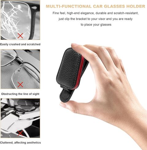 2 PCS Sunglasses Holders for Car Visor, Magnetic Leather Eyeglasses Hanger Mounter Ticket Card Clip, Auto Sun Visor Glasses Holder Business Card Organizer for Men Women (Black & Red) in Kuwait