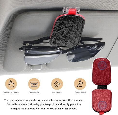2 PCS Sunglasses Holders for Car Visor, Magnetic Leather Eyeglasses Hanger Mounter Ticket Card Clip, Auto Sun Visor Glasses Holder Business Card Organizer for Men Women (Black & Red) in Kuwait