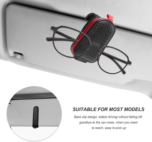 2 PCS Sunglasses Holders for Car Visor, Magnetic Leather Eyeglasses Hanger Mounter Ticket Card Clip, Auto Sun Visor Glasses Holder Business Card Organizer for Men Women (Black & Red) in Kuwait