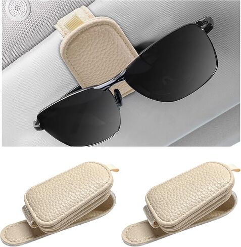 2 PCS Sunglasses Holders for Car Visor, Magnetic Leather Eyeglasses Hanger Mounter Ticket Card Clip, Auto Sun Visor Glasses Holder Business Card Organizer for Men Women (Black & Red) in Kuwait