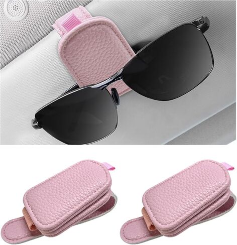 2 PCS Sunglasses Holders for Car Visor, Magnetic Leather Eyeglasses Hanger Mounter Ticket Card Clip, Auto Sun Visor Glasses Holder Business Card Organizer for Men Women (Black & Red) in Kuwait