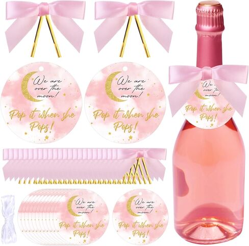50 Set Over The Moon Theme Pop It When She Pops Bottle Favor Tags Party Decorations Kit, Baby Shower Mini Champagne Wine Labels with Bows and Ribbon Pink Supplies for Girl in Kuwait