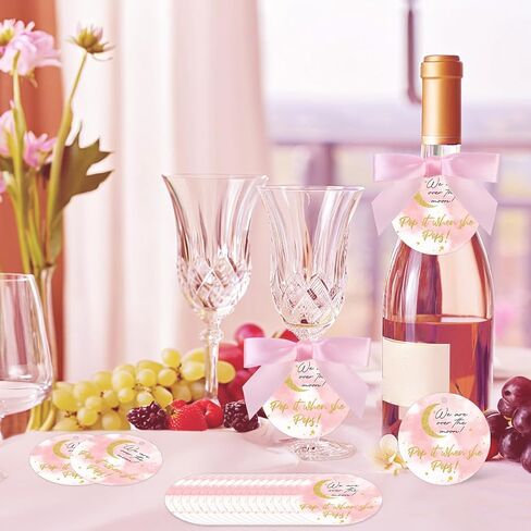 50 Set Over The Moon Theme Pop It When She Pops Bottle Favor Tags Party Decorations Kit, Baby Shower Mini Champagne Wine Labels with Bows and Ribbon Pink Supplies for Girl in Kuwait