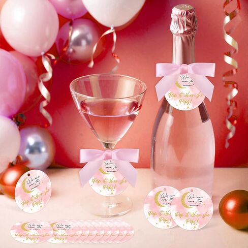 50 Set Over The Moon Theme Pop It When She Pops Bottle Favor Tags Party Decorations Kit, Baby Shower Mini Champagne Wine Labels with Bows and Ribbon Pink Supplies for Girl in Kuwait