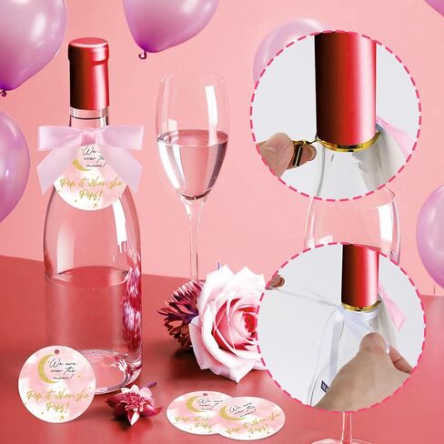 50 Set Over The Moon Theme Pop It When She Pops Bottle Favor Tags Party Decorations Kit, Baby Shower Mini Champagne Wine Labels with Bows and Ribbon Pink Supplies for Girl in Kuwait