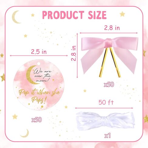 50 Set Over The Moon Theme Pop It When She Pops Bottle Favor Tags Party Decorations Kit, Baby Shower Mini Champagne Wine Labels with Bows and Ribbon Pink Supplies for Girl in Kuwait