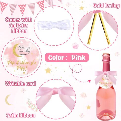 50 Set Over The Moon Theme Pop It When She Pops Bottle Favor Tags Party Decorations Kit, Baby Shower Mini Champagne Wine Labels with Bows and Ribbon Pink Supplies for Girl in Kuwait