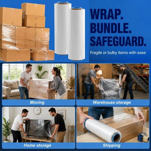 Noamus 2 Pack Clear Stretch Wrap, 18" x 1000 Feet Heavy Duty Film with Handle, 80 Gauge Plastic Shrink Film Roll, Self-Adhering Industrial Strength Moving Wrap for Pallet Packing, Shipping, Storage in Kuwait