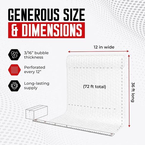 Tapsi Bubble Cushioning Wrap, 12 Inch x 72 Feet, 2 Rolls, Perforated Every 12", Premium Quality Moving and Shipping Supplies, Made in USA in Saudi Arabia