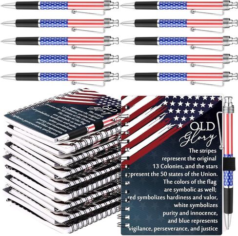 Resurhang 100 Pcs 50 Sets 4th of July Gifts Bulk 250th Anniversary Patriotic American Flag Notebooks Red White Blue Spiral Notebooks Independence Day Pens Patriots Gifts for Veterans USA Souvenirs in Kuwait