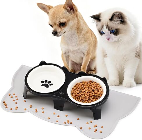 Ceramic Elevated Cat Bowls Kitty Bowls - 15° Tilt Anti-Vomiting, Silicone Mat Included, Whisker Friendly for Indoor Cats & Small Dogs (2-Pack) (Black) in Saudi Arabia