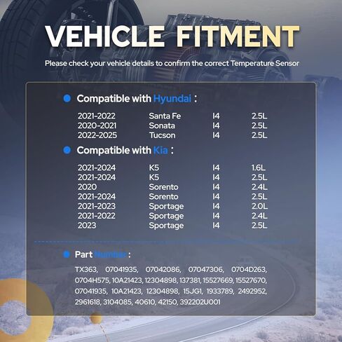 مستشعر درجة حرارة سائل تبريد المحرك ENA متوافق مع Hyundai Kia Tucson Santa Fe Sonata يناسب Sorento K5 1.6L 2.0L 2.4L 2.5L l4 2020 2021 2022 2023 2024 2025 يستبدل سبورتاج TX363 392202U001 in Kuwait