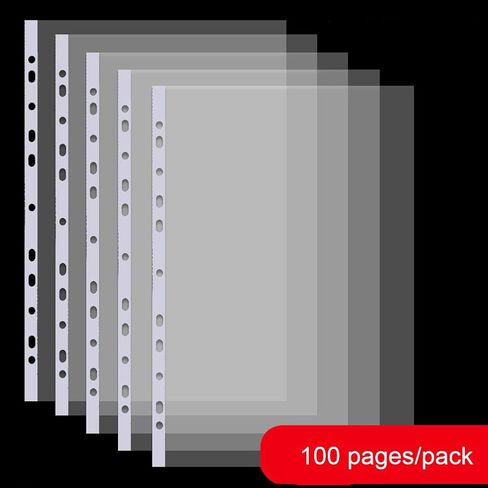 A4 Punched Pocket, 100 Pack Premium Clear Sheet Protectors 11.97 x 9.25in, 11-Hole Plastic Page Protectors Sheet Top Loaded, Paper Sheets Document Sleeve for 2/3/4 Ring Binders (Color:Transparent) in Saudi Arabia