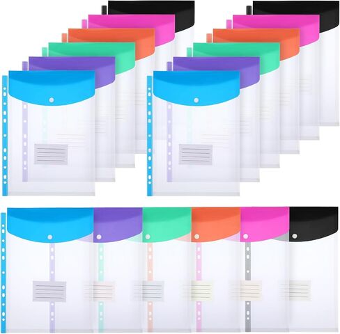 18 Pcs Plastic Envelopes Binder Pocket 11 Holes Expandable File Binder Folders Letter Size for 2/3/4 Ring Binder, Top-Loading Snap Button Document Pouch with Labels for School Home Office (6 Colors) in Kuwait
