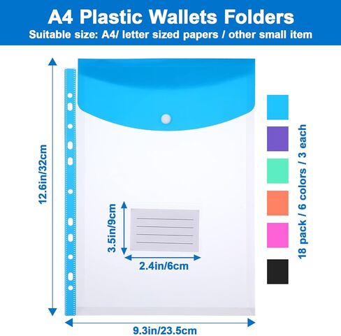 18 Pcs Plastic Envelopes Binder Pocket 11 Holes Expandable File Binder Folders Letter Size for 2/3/4 Ring Binder, Top-Loading Snap Button Document Pouch with Labels for School Home Office (6 Colors) in Kuwait