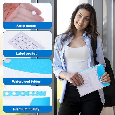 18 Pcs Plastic Envelopes Binder Pocket 11 Holes Expandable File Binder Folders Letter Size for 2/3/4 Ring Binder, Top-Loading Snap Button Document Pouch with Labels for School Home Office (6 Colors) in Kuwait