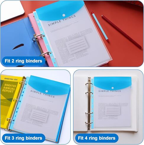 18 Pcs Plastic Envelopes Binder Pocket 11 Holes Expandable File Binder Folders Letter Size for 2/3/4 Ring Binder, Top-Loading Snap Button Document Pouch with Labels for School Home Office (6 Colors) in Kuwait