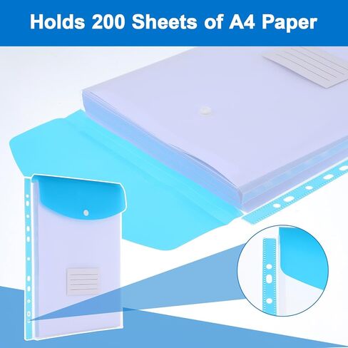18 Pcs Plastic Envelopes Binder Pocket 11 Holes Expandable File Binder Folders Letter Size for 2/3/4 Ring Binder, Top-Loading Snap Button Document Pouch with Labels for School Home Office (6 Colors) in Kuwait