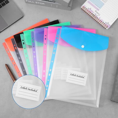 18 Pcs Plastic Envelopes Binder Pocket 11 Holes Expandable File Binder Folders Letter Size for 2/3/4 Ring Binder, Top-Loading Snap Button Document Pouch with Labels for School Home Office (6 Colors) in Kuwait