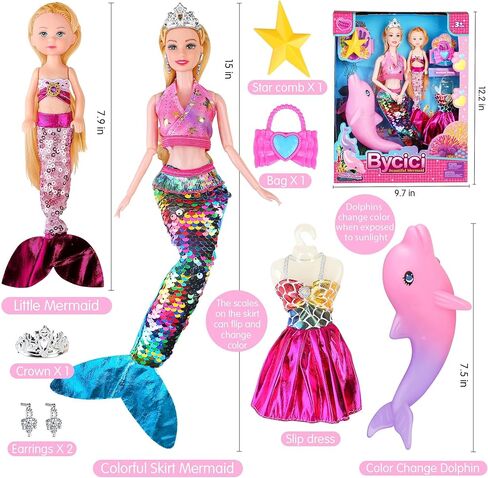 Magical Summer Mermaid Dolls with Little Mermaids | Princess Doll & Color Change Dolphin Playset for Water | Mermaid Pool Toys for Girls 4-7 | Birthday Party Christmas Wish List in Kuwait