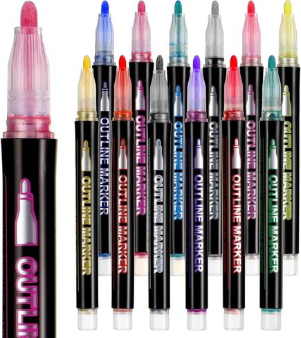 12 Colors Double Line Outline Markers Self Outline Squiggles Shimmer Markers Metallic Glitter Writing Drawing Pen for Adults Artists Christmas Greeting Card Birthday Gift DIY Easter Eggs in Kuwait
