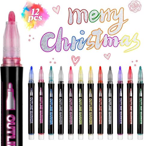 12 Colors Double Line Outline Markers Self Outline Squiggles Shimmer Markers Metallic Glitter Writing Drawing Pen for Adults Artists Christmas Greeting Card Birthday Gift DIY Easter Eggs in Kuwait